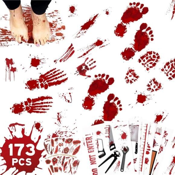 173PCS Halloween Bloody Footprints Floor Clings Plus Tattoos - Picture 1 of 8